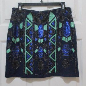 Sequin Mini Skirt sz L Deep Blue Green Bronze Cocktal Party